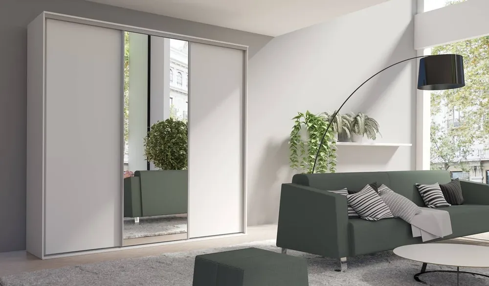 Bestseller Verspiegelter Schiebeschrank Grande 254 cm weiß Geräumiger Kleiderschrank in moderner Form mit Aluminiumtüren