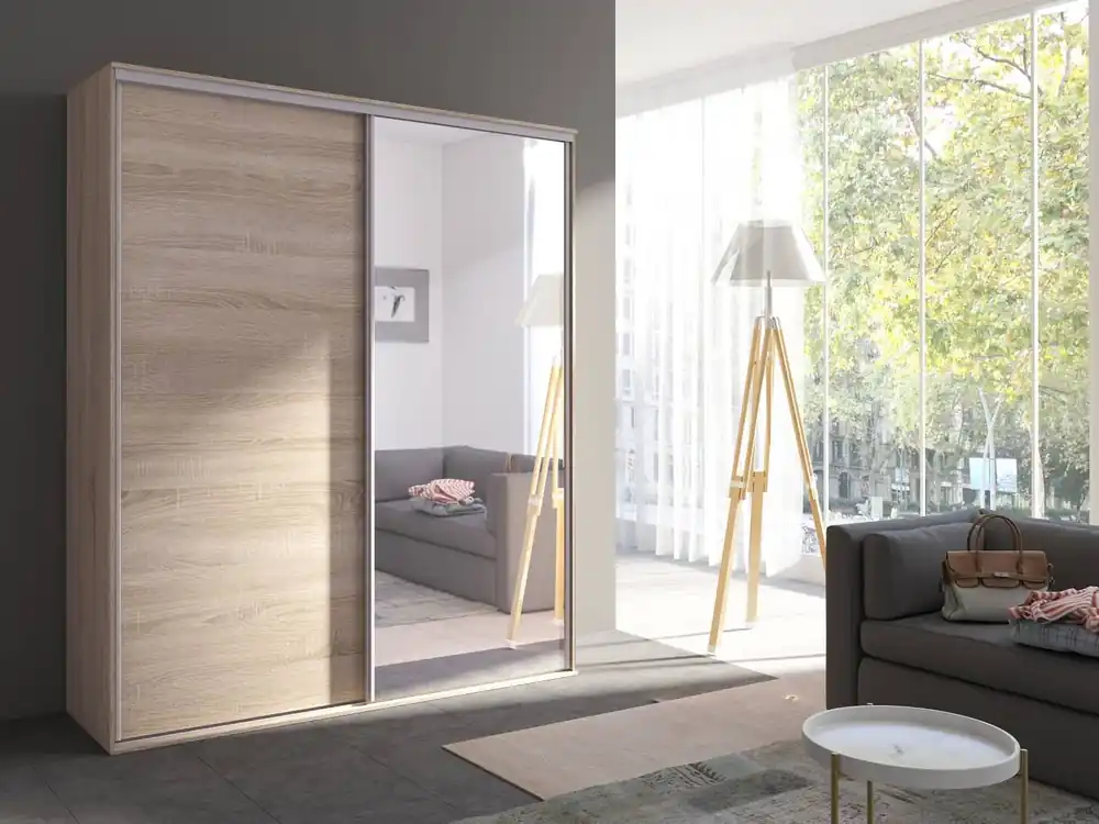 Nur Heute Verspiegelter Schiebeschrank Grande 204 cm Eiche hell sonoma moderner verspiegelter Kleiderschrank mit Aluminium-Türschienen