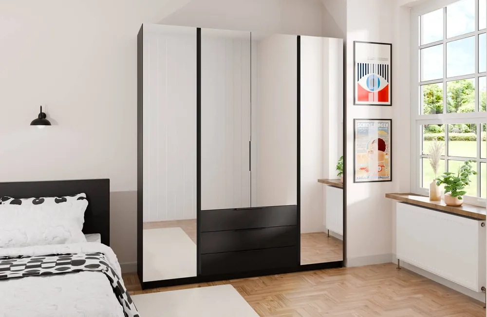Spiegelschrank Kastano VI 200 cm schwarz klassische Form Kantengriffe idealer Kleiderschrank für Schlafzimmer geräumige Schubladen Heißes Angebot