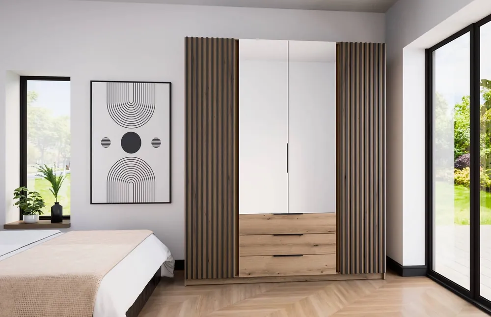 Spiegelschrank Kastano V 200 cm Eiche evozieren stilvolle Garderobe Design für Flur Kleiderschrank Türen mit schwarzen Lamellen verziert Highlight