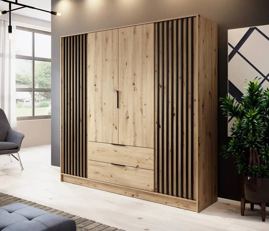 Kleiderschrank Aspen 206 cm Eiche Artisan / Schwarze Lamellen modernes Design Schranktüren mit dekorativen Lamellen Aktuell