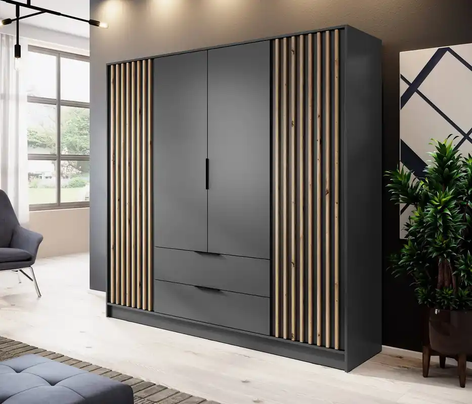 Schrank Aspen 206 cm Grafit / Eiche Artisan Lamellen modernes Design Schranktüren mit dekorativen Lamellen Sichere Zahlung