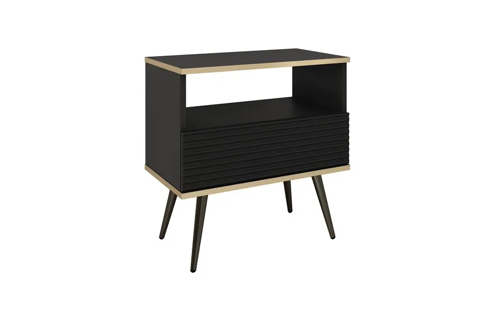 Solange Der Vorrat Reicht Nachttisch mit Schublade Luxury schwarzer eleganter Designschrank mit Goldverzierung Schrank mit geriffelter Front schwarze hohe Beine