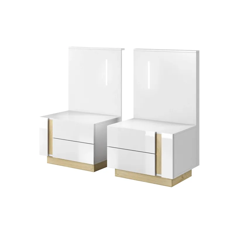 Nachttisch mit Schubladen Adria weiß glänzend / Eiche grandson modernes Möbeldesign Kanten des Schranks mit speziellem ABS-Furnier bearbeitet Begrenztes Angebot