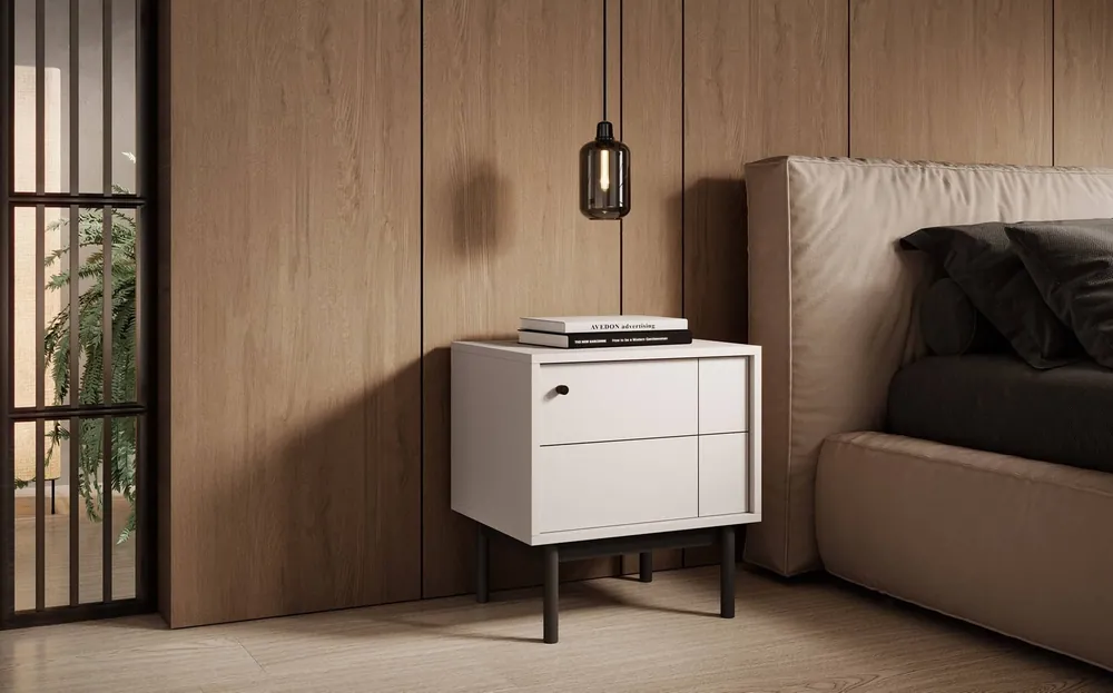 Nachttisch Modesta beige ideal für ein Schlafzimmer-Set auf hohen Holzbeinen dezente Farben Preiswert