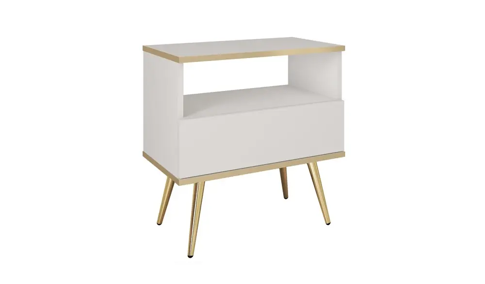 Direkt Vom Hersteller Luxuriöser weißer Nachttisch mit Schublade eleganter Design-Schrank mit Goldverzierung Schrank auf hohen Metallbeinen gestützt