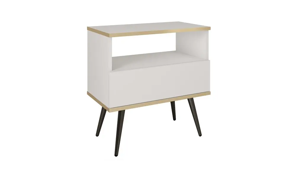 Luxuriöser weißer Nachttisch mit Schublade elegantes Design Schrank mit goldenen trim Schrank auf schwarzen Metallbeinen unterstützt Heißes Angebot