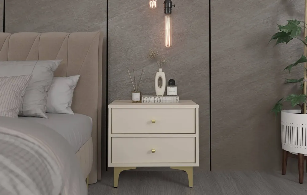 Sonderaktion Nachttisch Kioto I beige mit Schubladen ideal Schlafzimmer Schrank subtilen Griffe Metall Beine