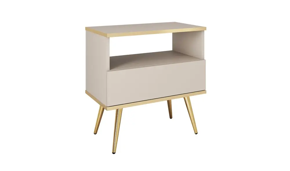 Wochenendangebot Luxuriöser beigefarbener Nachttisch mit Schublade eleganter Designschrank mit Goldverzierung Schrank auf hohen Metallbeinen gestützt