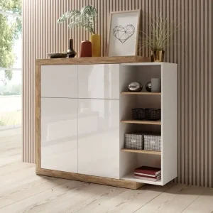 Hochkommode Sintra 151 cm Eiche samdal / weiß glänzend originelles Design Kommode für Wohnzimmer mit interessanter Form push to open system Beliebt