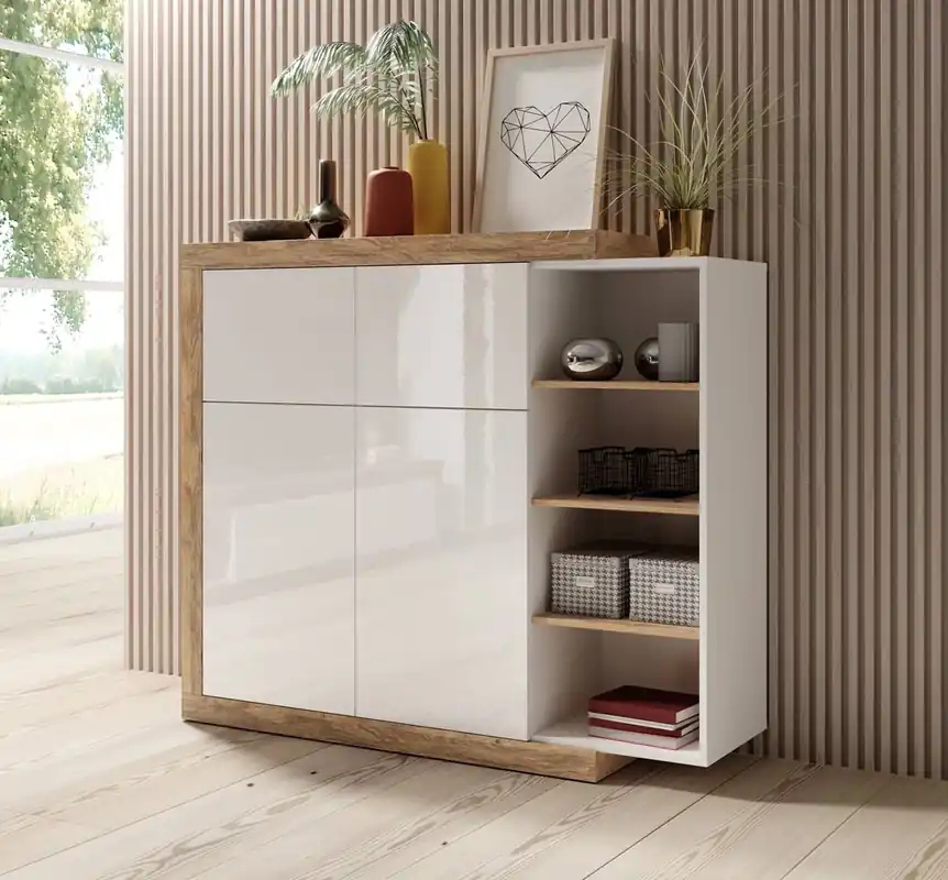 Hochkommode Sintra 151 cm Eiche samdal / weiß glänzend originelles Design Kommode für Wohnzimmer mit interessanter Form push to open system Beliebt