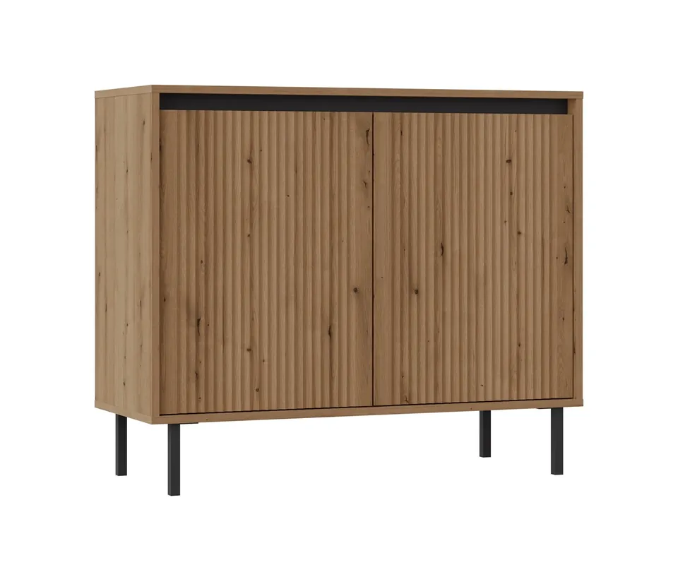 Osaka 100 cm Kommode Eiche evoke / schwarz minimalistisches Design perfekt für Wohn- und Schlafzimmer geschmackvolle geriffelte Front Neuheit