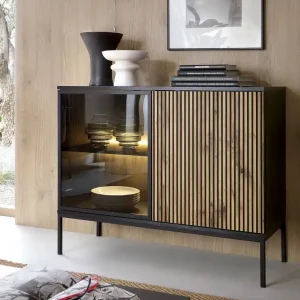 Amma 104 cm Kommode schwarz / Eiche wotan unkonventionelles Design geriffelte und verglaste Fronten mit push to open System Letzte Chance