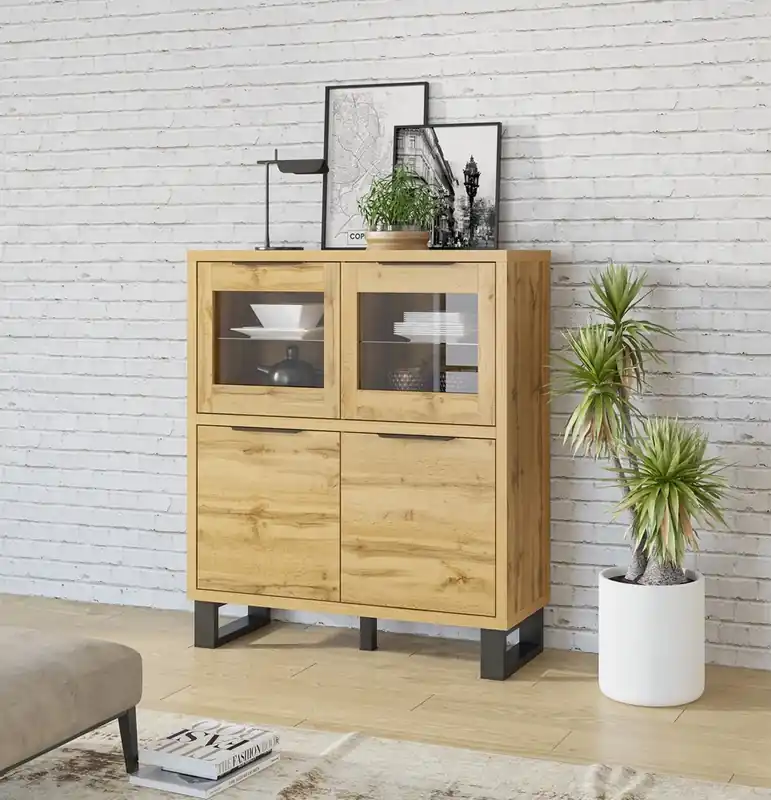 Neue Ware Kommode Halle 120 cm Eiche wotan funktional ideal für Loft-Stil Interieurs hohe Kommode mit Glas auf einem Metallsockel