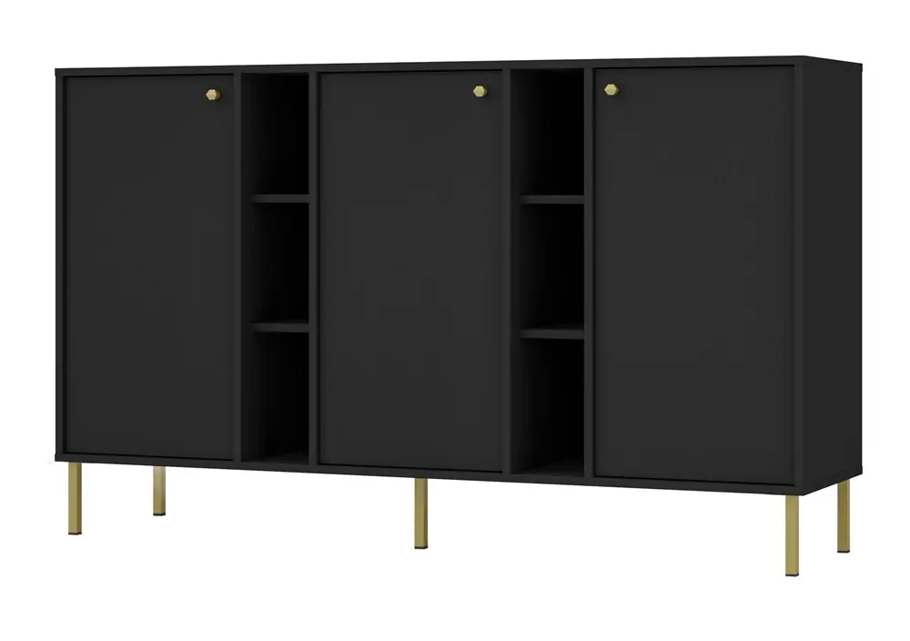 Kioto II Kommode 158 cm schwarz graphit modernes Design schlichte Form mit goldenen Griffen bereichert stabiler Metallsockel Expressversand