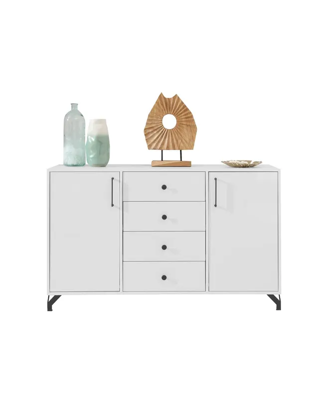 Kommode mit Schubladen Skien 140 cm weiß glänzend elegantes Design einfache Form der Möbel mit stilvollen Metall-Elemente bereichert schwarze Beine Angebot