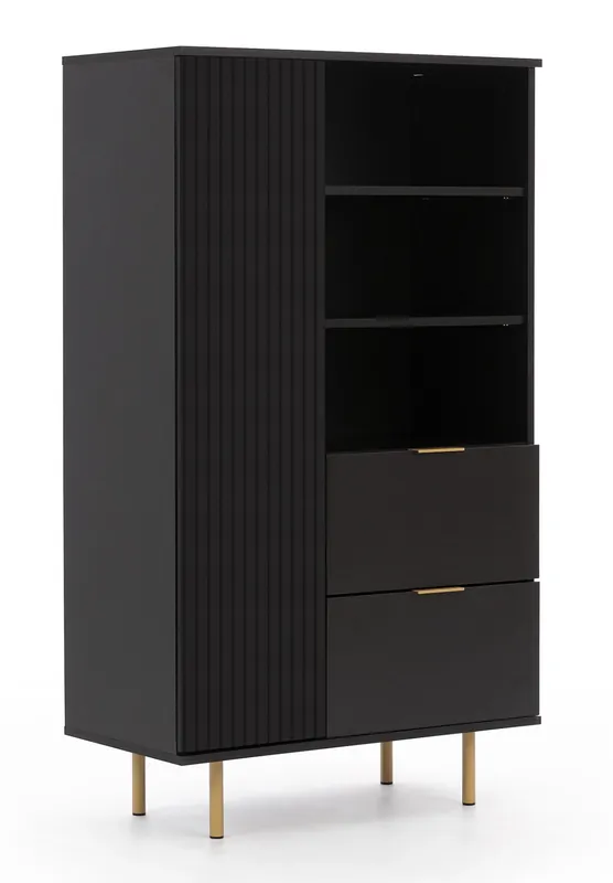 Mega-Angebot Hochkommode Sula 80 cm schwarz elegante und funktionelle Kommode mit geriffelter Front, die mit Metallgriffen verziert ist