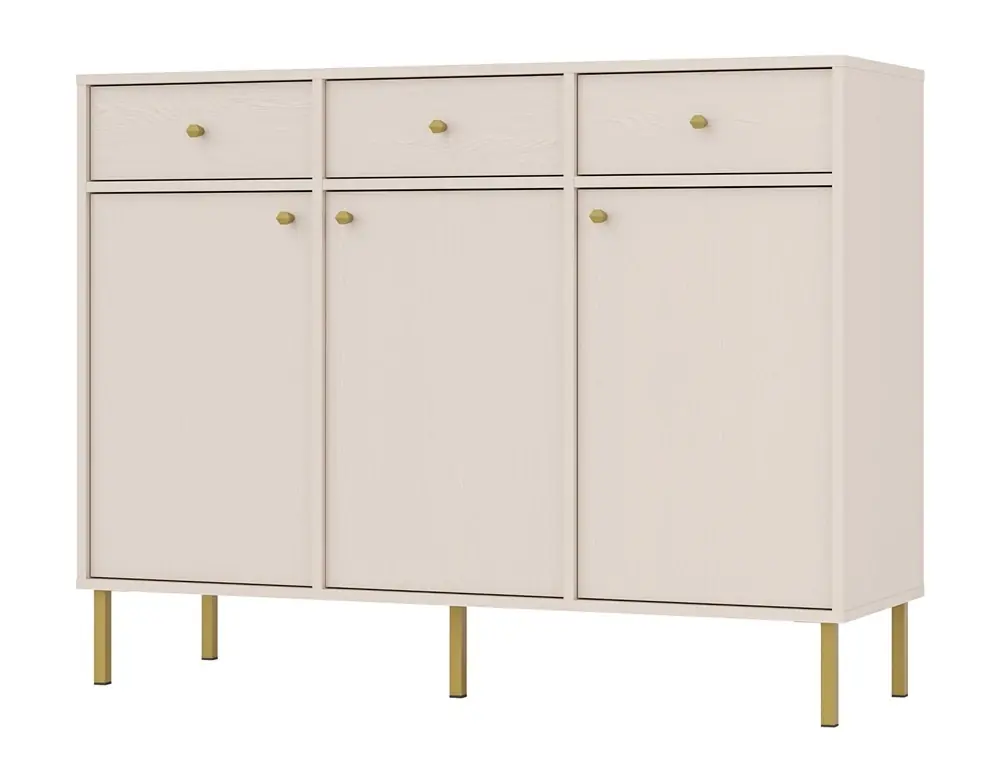 Kommode Kioto II 125 cm beige minimalistische Form ideale Kommode für Schlafzimmer oder Wohnzimmer Goldgriffe Bestpreis