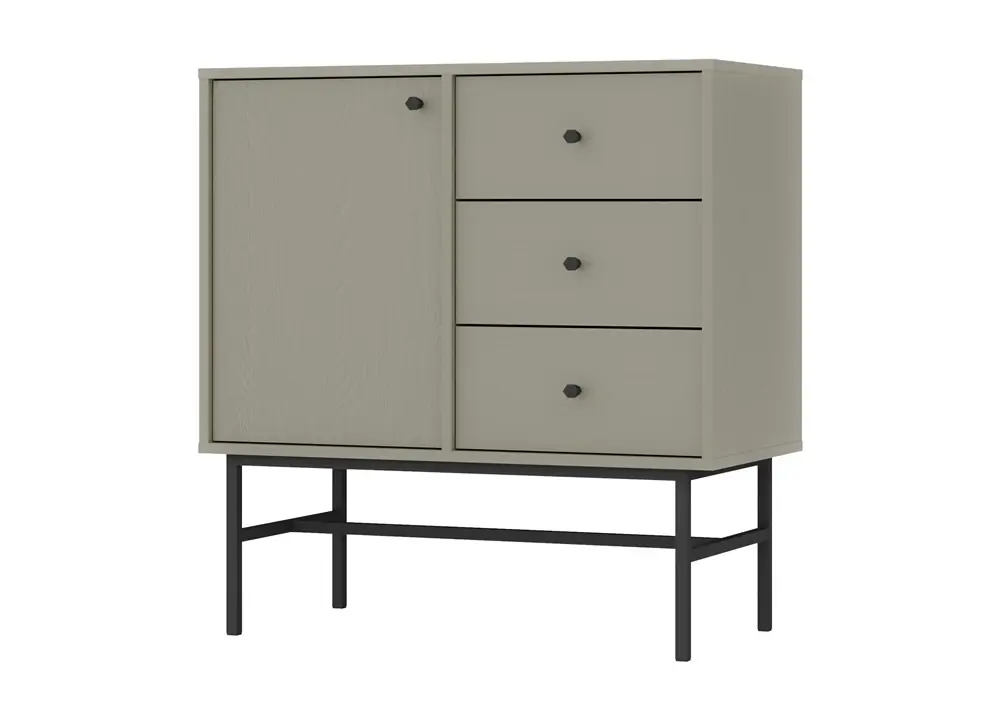 Schubladenkommode Kioto III 84 cm Eukalyptus modernes Design dezente schwarze Griffe Metallrahmen ideale Kommode für Wohnzimmer Begrenztes Angebot