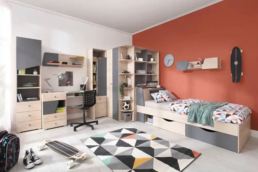 Möbel-Set Dzeta Eiche / anthrazit ideal für ein Jugend- oder Kinderzimmer in einem trendigen Stil Neu