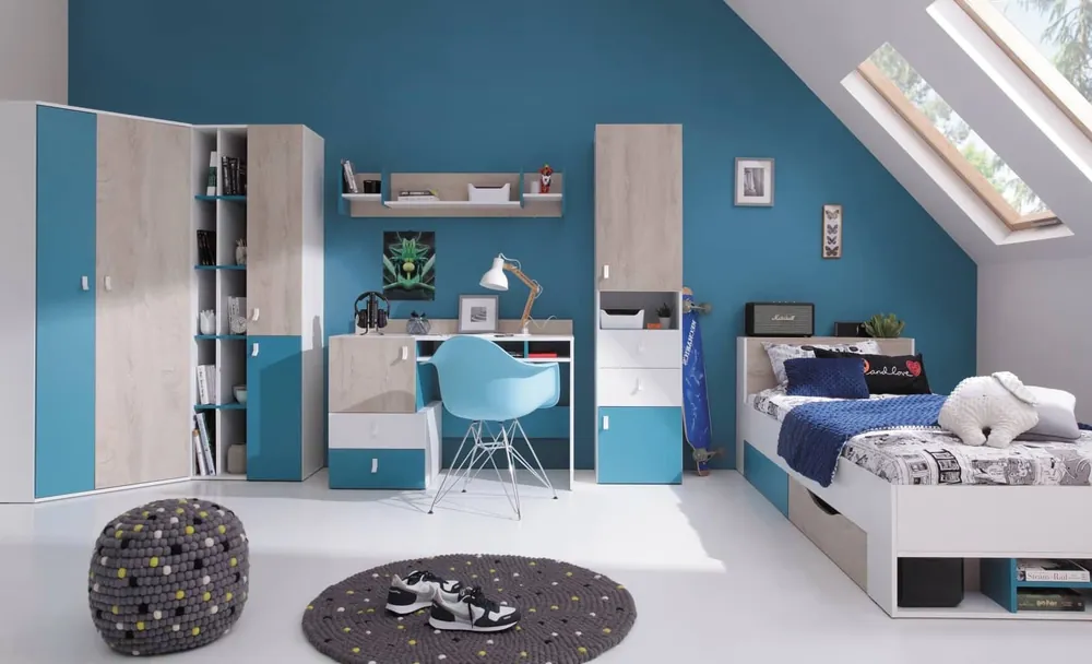 Schnäppchen Möbelset Niko weiß / Eiche / marine ideal für ein Jugend- oder Kinderzimmer in einem trendigen Stil
