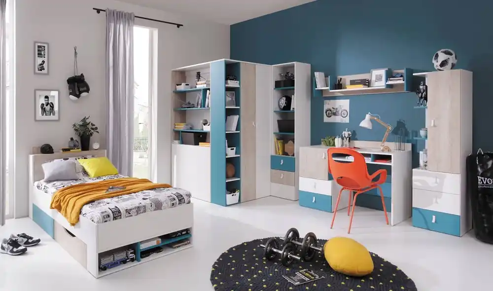Must-Have Möbelset Niko weiß / Eiche / marine ideal für ein Jugend- oder Kinderzimmer in einem trendigen Stil