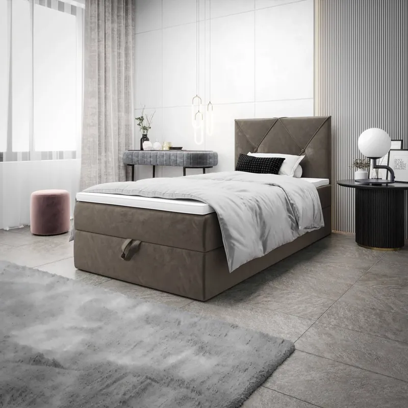 Boxspringbett Arvada 100x200 hellbraun im modernen skandinavischen Stil mit gepolstertem Kopfteil Bett mit Staukasten Preis Gesenkt