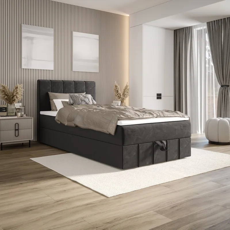 Heißes Angebot Boxspringbett Casey 100x200 grau Bett im modernen skandinavischen Stil mit gepolstertem Kopfteil Bett mit Staukasten