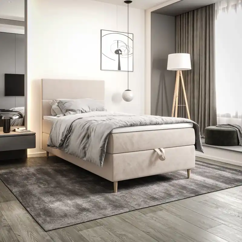 Boxspringbett Bing 100x200 beige im modernen skandinavischen Stil mit gepolstertem Kopfteil Bett mit Staukasten Sichere Zahlung