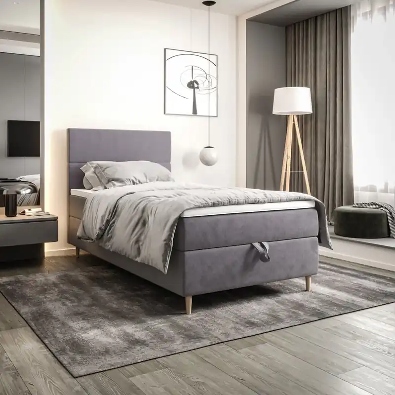 Boxspringbett Bing 120x200 hellgrau im modernen skandinavischen Stil mit gepolstertem Kopfteil Bett mit Staukasten Kracherpreis