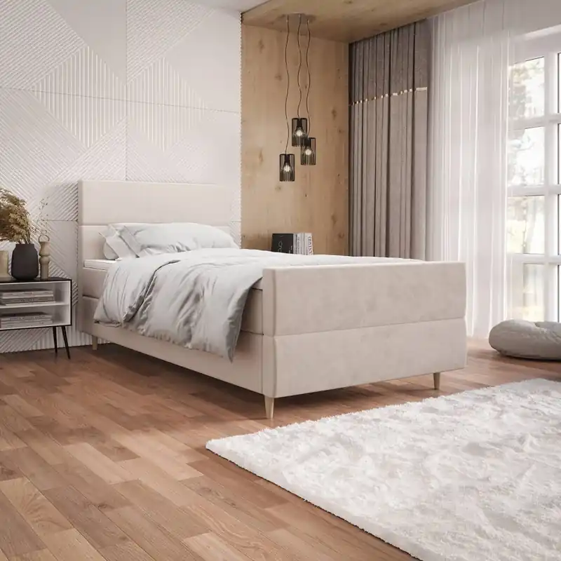 Markenprodukt Boxspringbett Benet 90x200 beige Bett im modernen skandinavischen Stil mit gepolstertem Kopf- und Fußteil Bett mit Staukasten