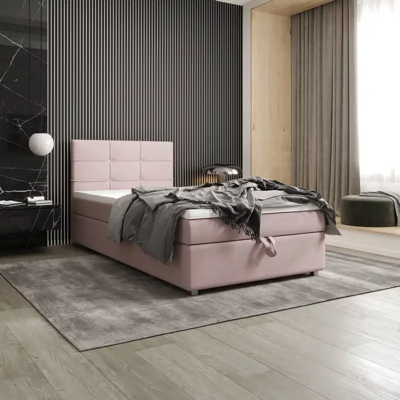 Must-Have Boxspringbett Fresno 90x200 puderrosa im modernen skandinavischen Stil mit gepolstertem Kopfteil Bett mit Staukasten