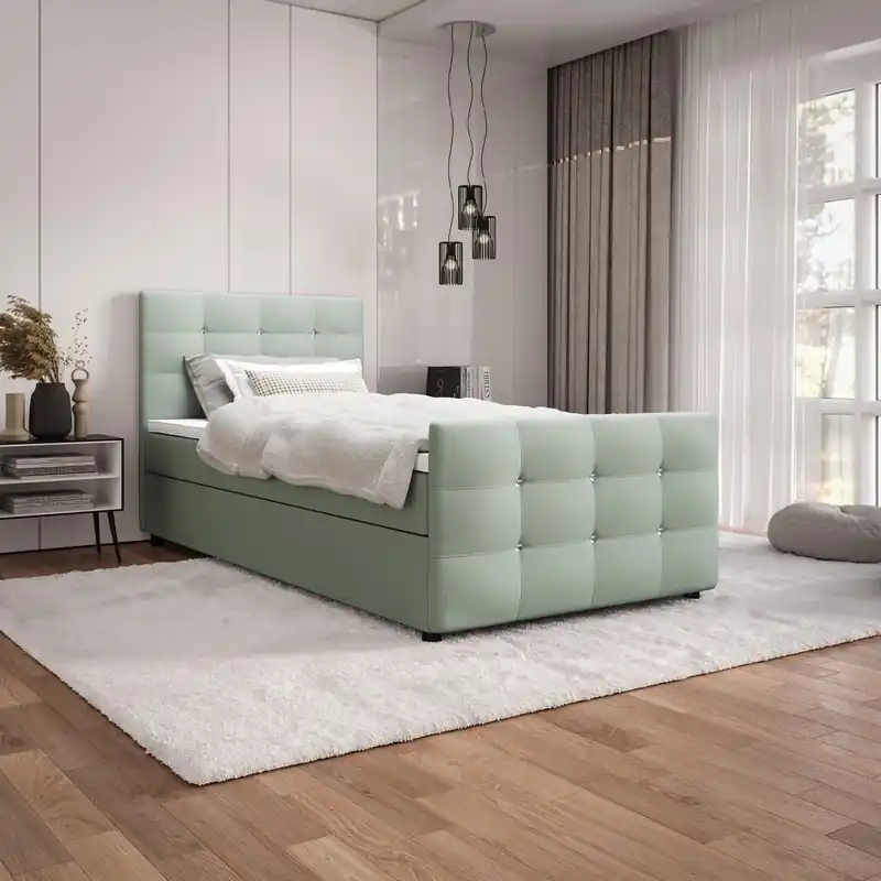 Versand Am Gleichen Tag Boxspringbett Kansas 90x200 mintgrün Bett im modernen skandinavischen Stil mit gepolstertem Kopf- und Fußteil