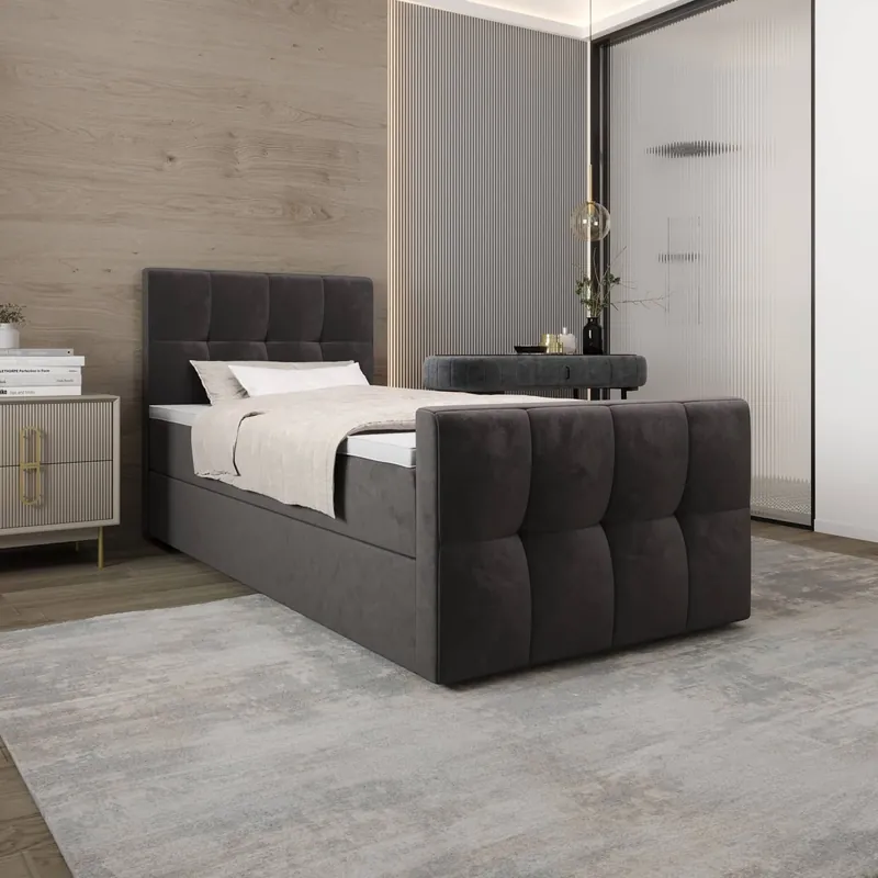 Sonderaktion Boxspringbett Manhattan 100x200 grau Bett im modernen skandinavischen Stil mit gepolstertem Kopf- und Fußteil Bett mit Staukasten