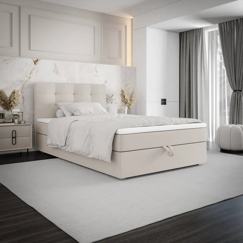 Boxspringbett Flint 100x200 beige im modernen skandinavischen Stil mit gepolstertem Kopfteil Bett mit Staukasten Expressversand