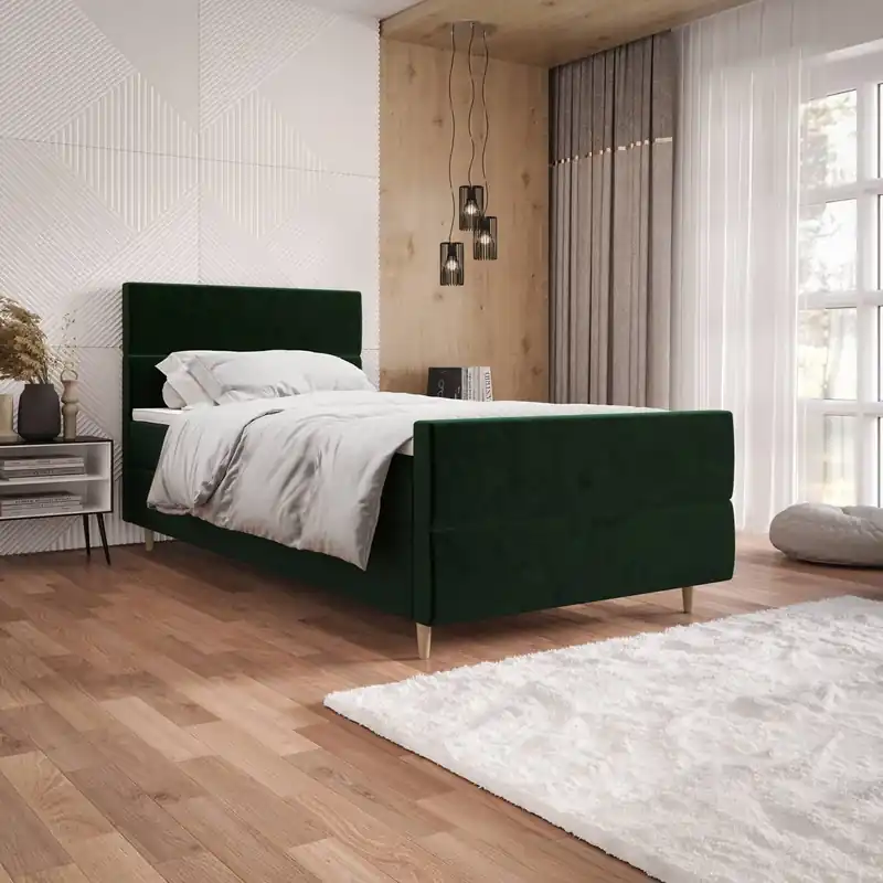 Boxspringbett Benet 100x200 flaschengrün im modernen skandinavischen Stil mit gepolstertem Kopf- und Fußteil Bett mit Staukasten Preis Gesenkt