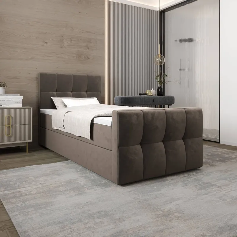 Boxspringbett Manhattan 100x200 hellbraun im modernen skandinavischen Stil mit gepolstertem Kopf- und Fußteil Bett mit Staukasten Nur Heute