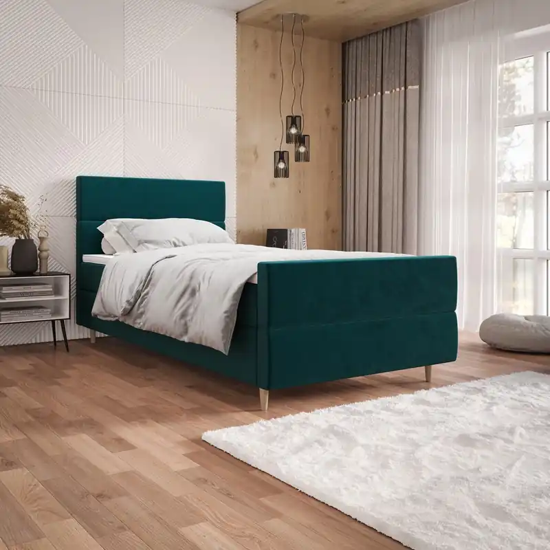Top-Preis Boxspringbett Benet 90x200 türkis Bett im modernen skandinavischen Stil mit gepolstertem Kopf- und Fußteil und Staukasten