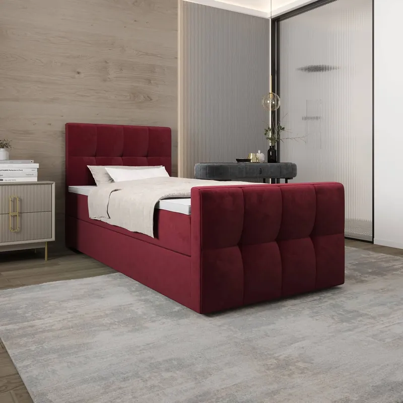 Boxspringbett Manhattan 90x200 dunkelrot Bett im modernen skandinavischen Stil mit gepolstertem Kopf- und Fußteil und Staukasten Top-Preis