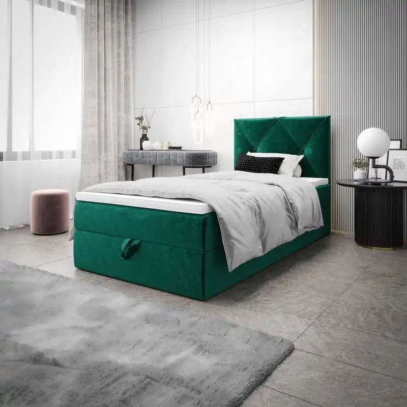 Sofort Bestellen Boxspringbett Arvada 100x200 flaschengrün im modernen skandinavischen Stil mit gepolstertem Kopfteil Bett mit Staukasten