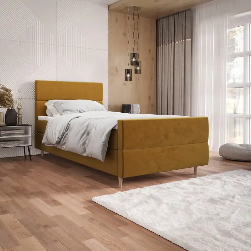 Aktuell Boxspringbett Benet 100x200 Senfgelb im modernen skandinavischen Stil mit gepolstertem Kopf- und Fußteil Bett mit Staukasten