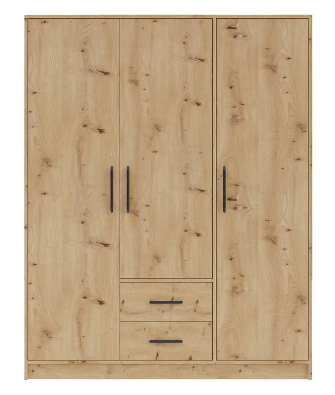 Kleiderschrank Caspe 150 cm Eiche handwerkliche Garderobe modernes Design ABS-Finish und schwarze Griffe Top-Angebot