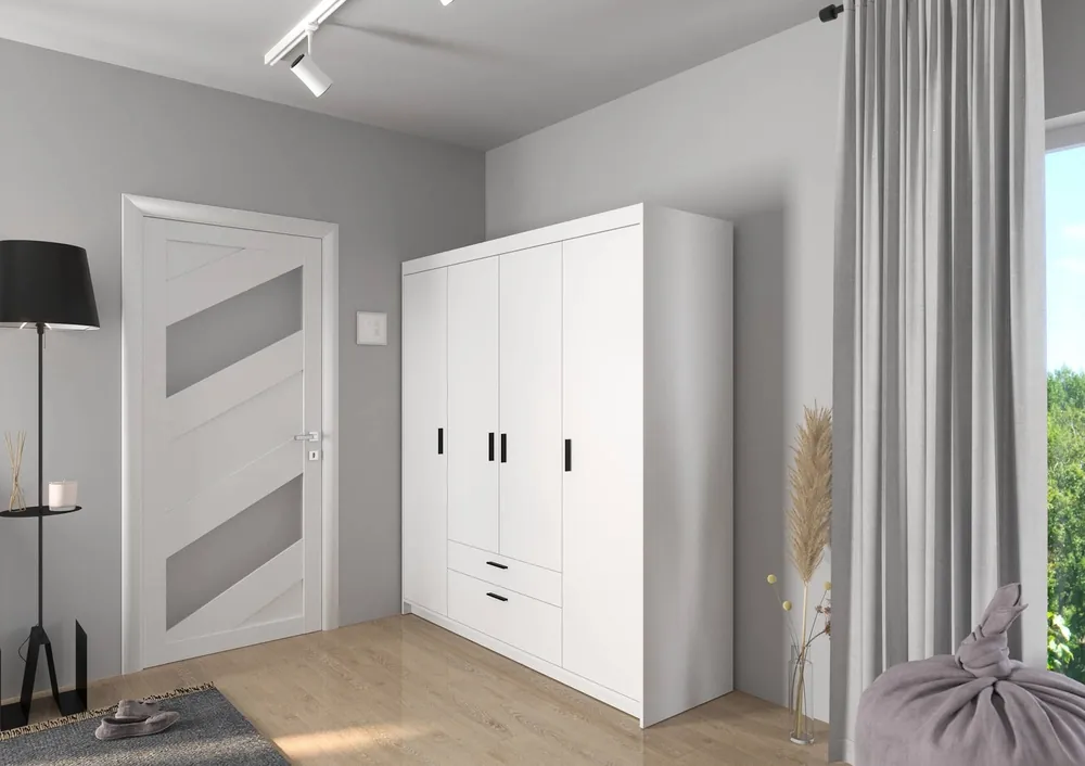 Kleiderschrank Rene 176 cm weiß modernes Design stilvolle Griffe in schwarz Beliebt