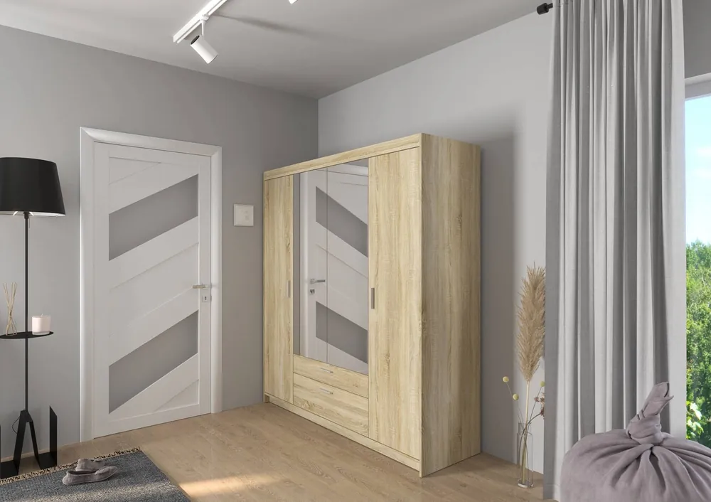 Spiegelschrank Rene 176 cm Eiche hell sonoma modernes Design stilvolle silberne Griffe Saisonangebot