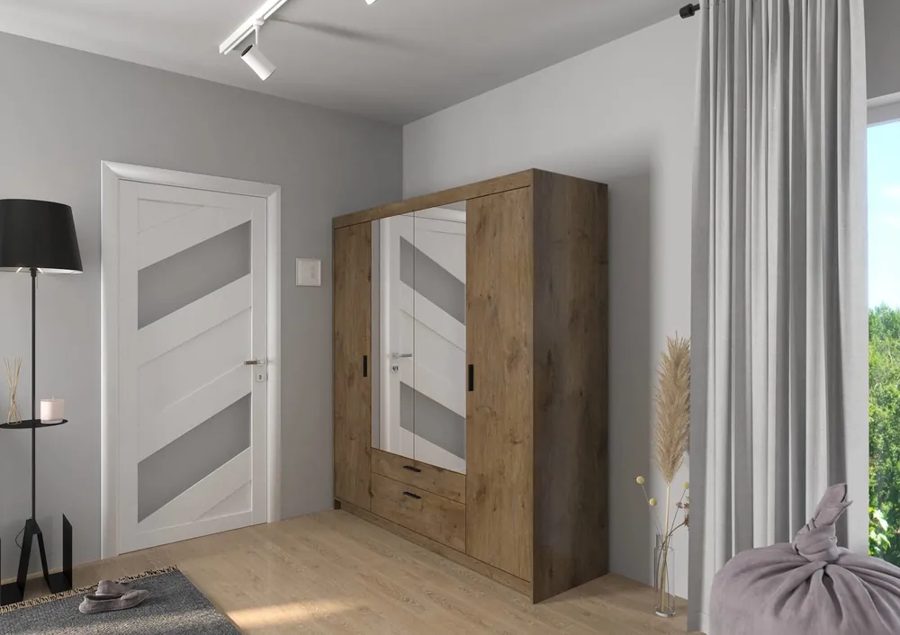 Angebot Spiegel Kleiderschrank Rene 176 cm Eiche lefkas modernes Design stilvolle Griffe in schwarz