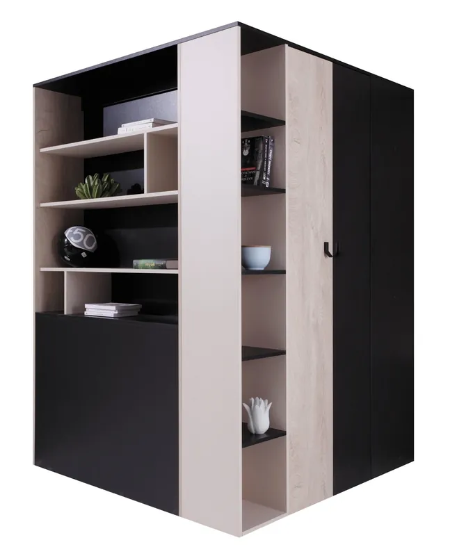 Finale Aktion Eckkleiderschrank Niko schwarz / Eiche / beige ideal als Nutz- und geräumiger Kleiderschrank mit Schubladen und Einlegeböden