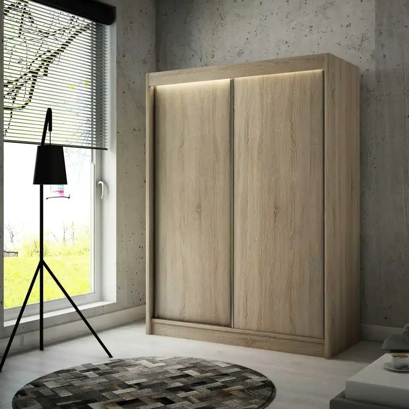 Geprüft Schiebeschrank Kristo 150 cm Eiche hell sonoma ergonomischer und sehr funktioneller Schrank in moderner Form mit geometrischen Formen