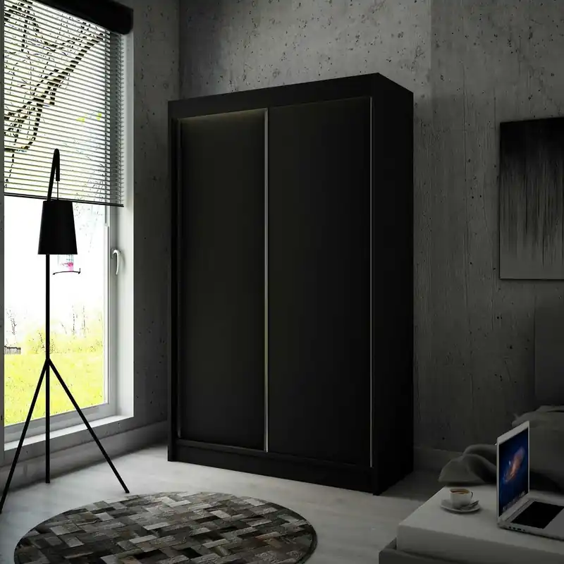 Bestpreis Schiebeschrank Kristo 120 cm schwarz komfortabler Kleiderschrank im Trend des Minimalismus mit Aluminiumtüren ausgestattet