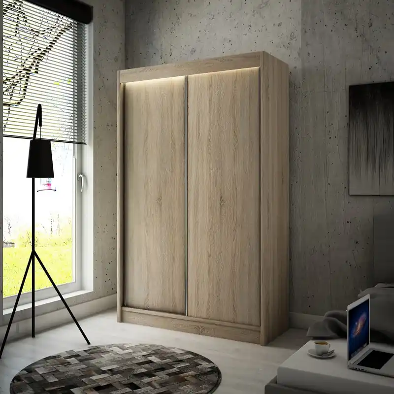 Schiebeschrank Kristo 120 cm hell sonoma eiche komfortabler schrank im trend zum minimalismus ausgestattet mit aluminiumtüren Ausverkauf