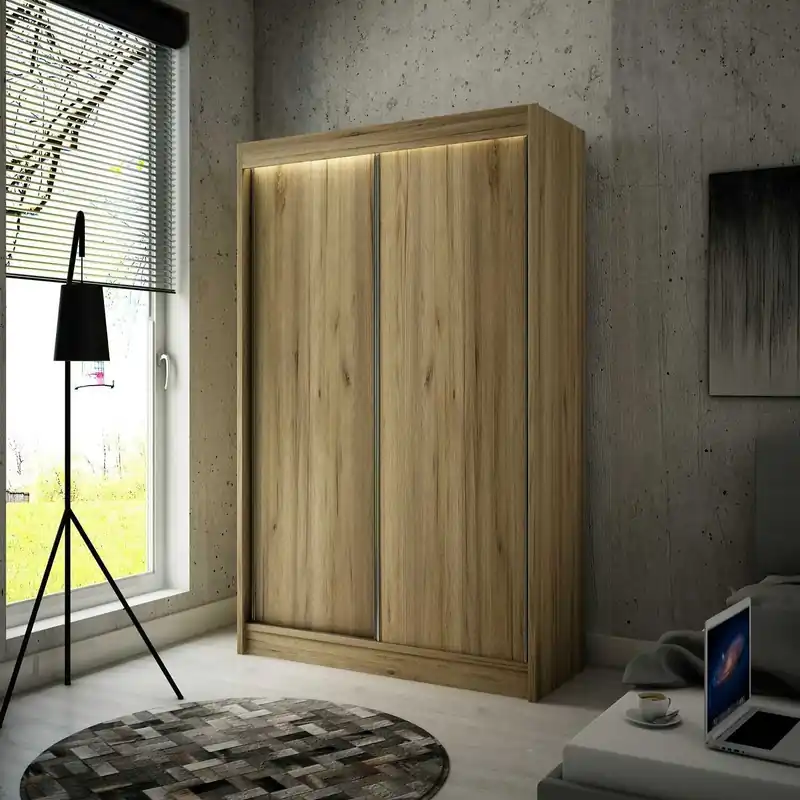 Angebot Schiebeschrank Kristo 120 cm Eiche craft gold Komfortabler Schrank im Trend des Minimalismus, ausgestattet mit Aluminium-Türschienen